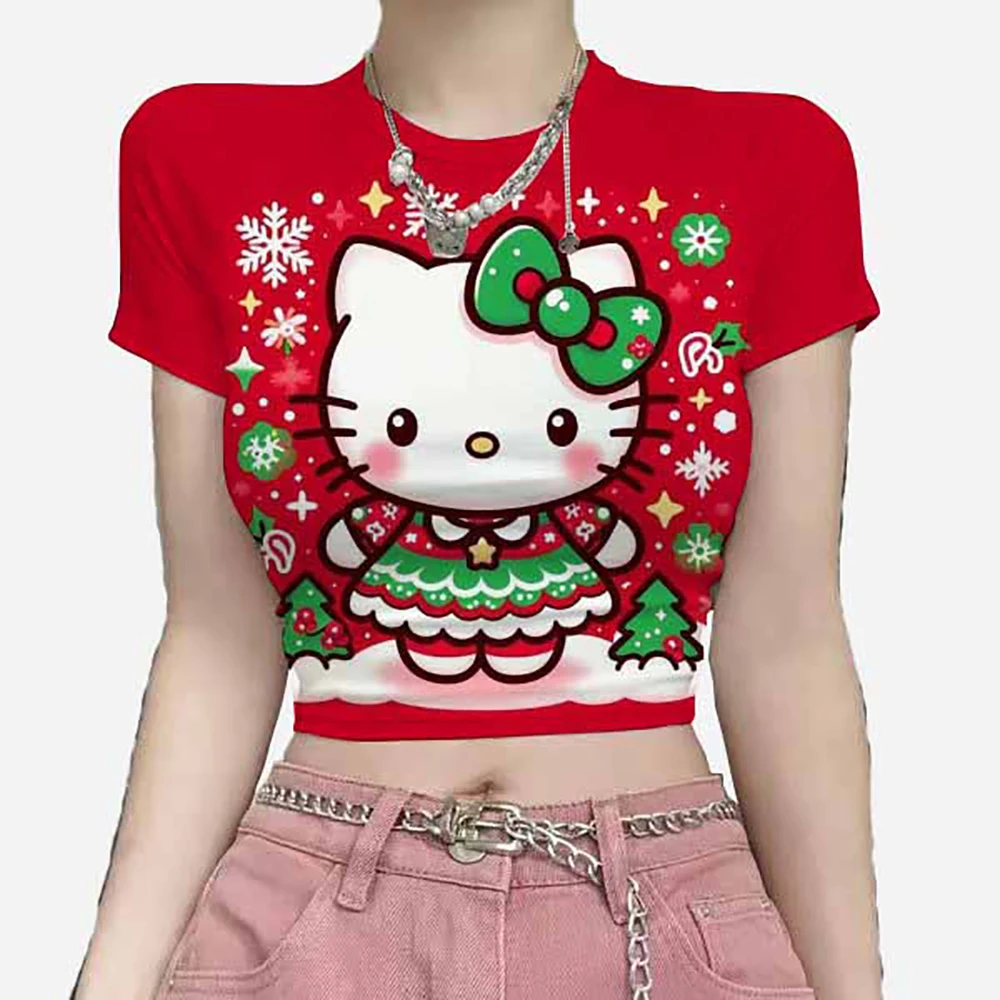 Women Y2k Crop Top Casual Hello Kitty print Gothic Hip Hop White Round Neck Short Sleeve Slim T-Shirt For Women ﻿