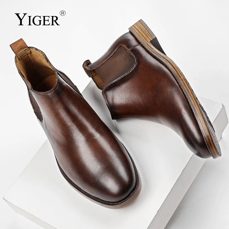 

YIGER Men's Formal Genuine Leather boots Vintage British men's Ankle boots Pointed toe Martins Boots Male Chelsea Boots 2022NEW