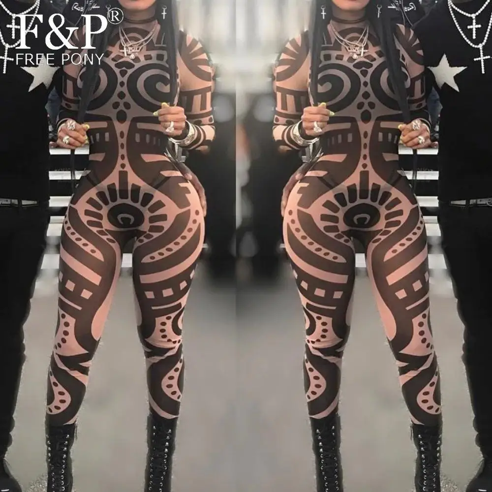 Burning Man Festival Bodysuit  Women Tribal Geometric Tattoo Print Mesh Jumpsuit Curvy African Aztec Bodysuit Celebrity Catsuit