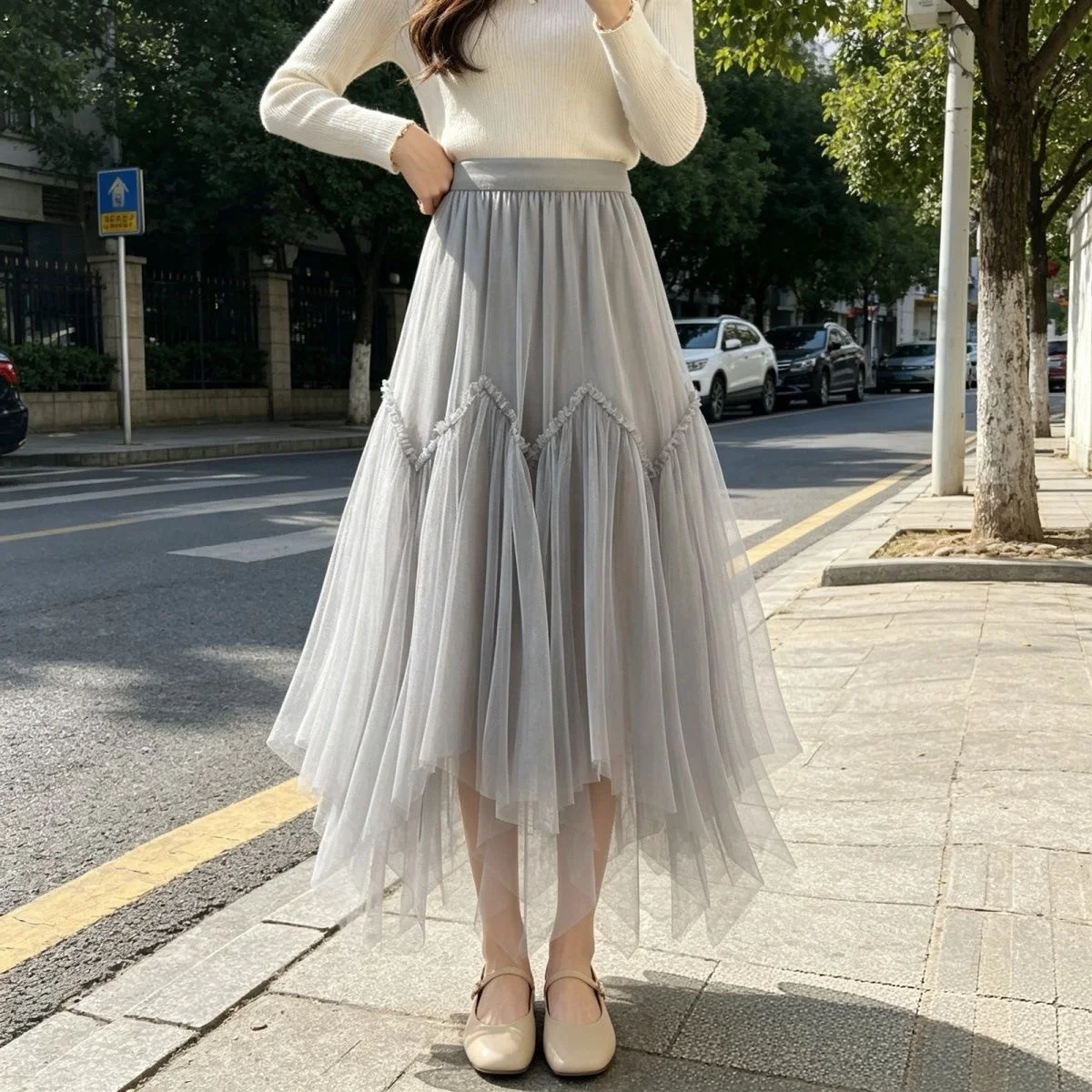Eleganter Tüll-Midirock, Feenartiger Netzrock, unregelmäßiger, flauschiger Rock, Party-Herbst-Ballkleid, süßer, gestufter Rock mit elastischem Bund, A-Linie – Detail 11