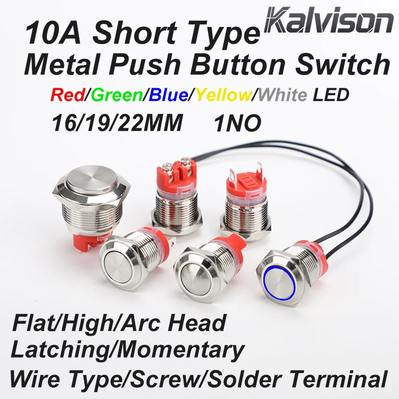 10A Latching Push Button Switch Short Type Momentary Solder Screw Terminal 1NO SPST Halo LED Push Button Switch with Wire