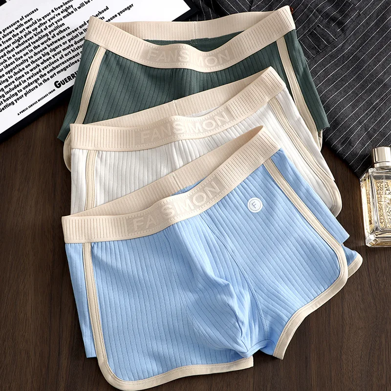 95% Cotton Solid Striped Men's Boxer Sexy Breathable Mesh U Crotch Underwear High Elastic Widen Waistband Underpants Sports