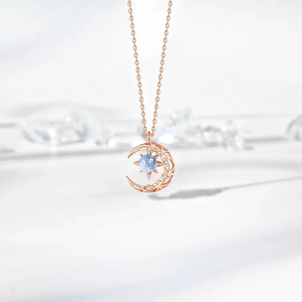 

Rose Gold Plated Moon Star Pendant Necklace, Blue Glass Stone CZ Inlaid Celestial Necklace for Women