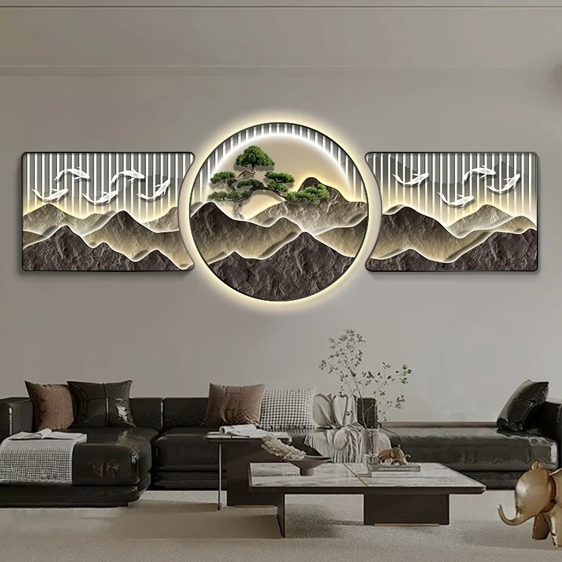 #Flowing Water Generates Wealth Living Room Decoration Painting With Clock LED Wall Lamp Sofa Background Triple Bedroom Mural