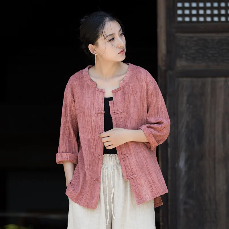 

Spring Summer Cotton Linen Women's Clothing New Tie Dye Stand Collar Button Up Shirt New Cardigan Sun Protection Outer Cover Up