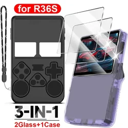 3 IN 1 Case+Glass for R36S Game Console Soft Silicone Anti-Scratch Case with Lanyard & Screen Protector Tempered Glass for R36S