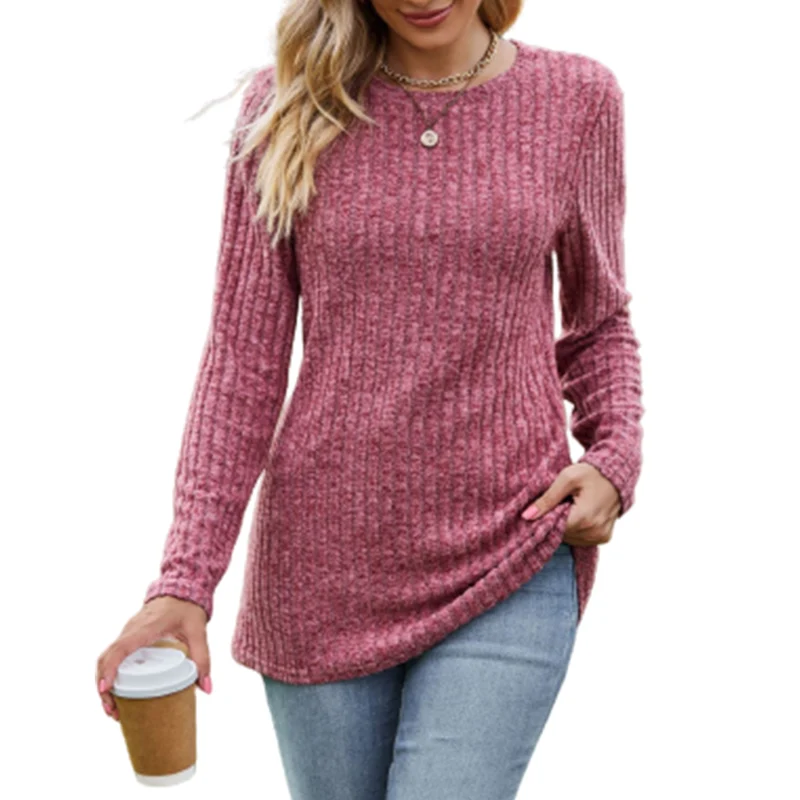 

Autumn Pit Stripes Solid Color Long Sleeve T-Shirt Ladies Elegant Comfortable Commuter Slim Fit Tees Women's O Neck Pullover Top