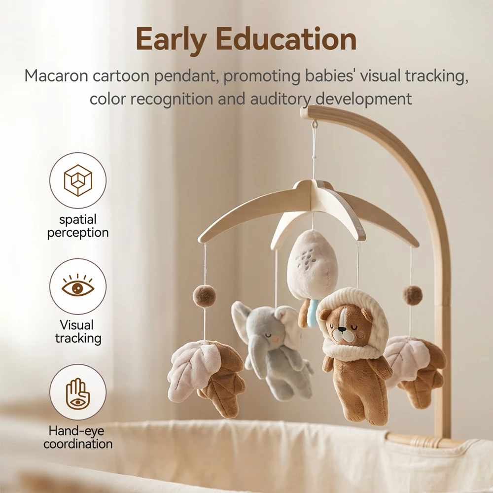 Wooden Elephant Arch Crib Mobile Plush Pendants 360 Degree Rotation Baby Rattle Toys Sensory Development Hanging Toys Gifts