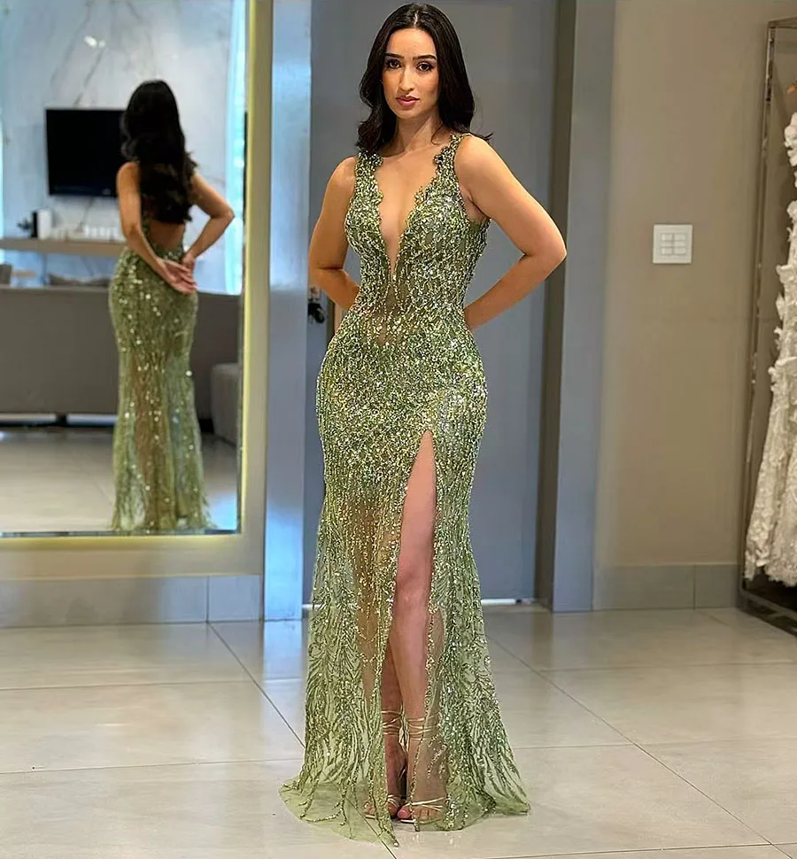 Vestido De Noche Sexy brillante con escote en V profundo, vestido De sirena con abertura alta, ilusión, vestido De graduación para mujer, Vestidos De Noche personalizados