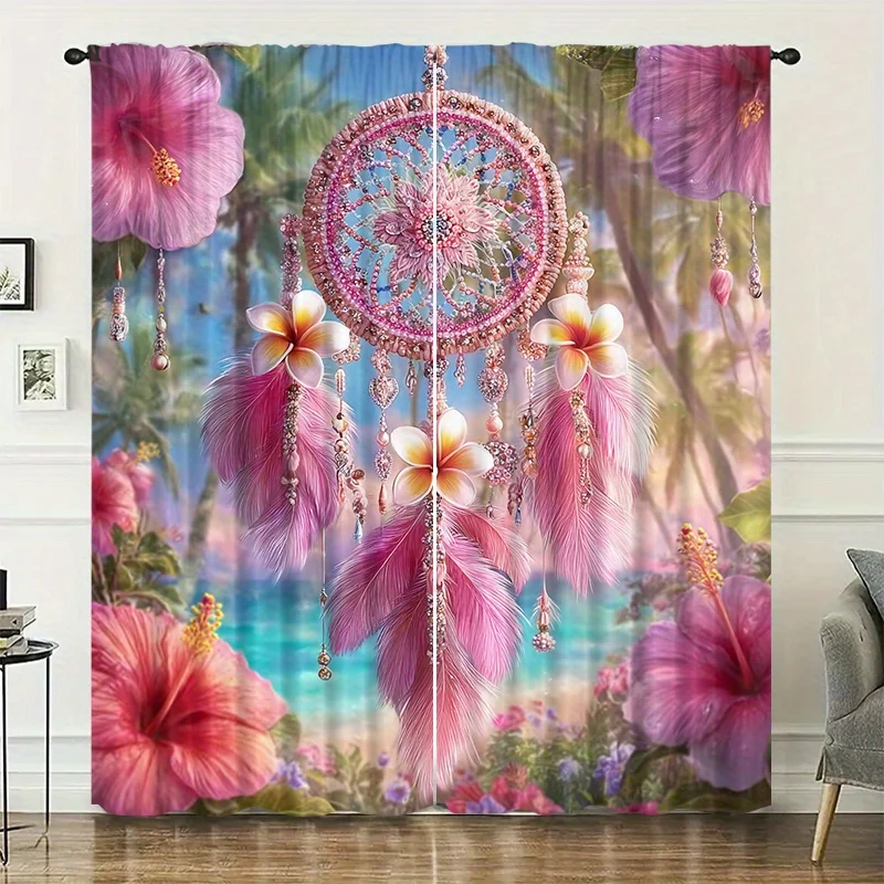 Pink Feather Dreamcatcher Hibiscus Curtains 2 Panels, Tropical Palm Ocean Beach Plumeria Bohemian Summer Girls Bedroom Curtain