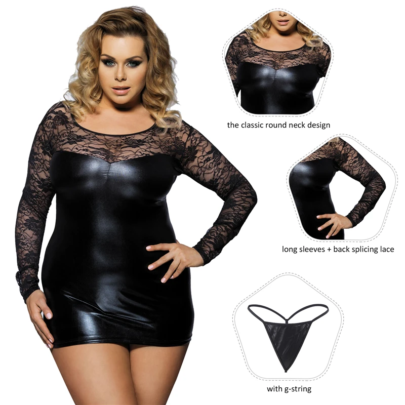 Ohyeahlady Long Sleeve Lace Nightdress Underwear Black Leather Plus Size Nightgown Set Sexy Mini Hollow Out Sleepwear Lingerie