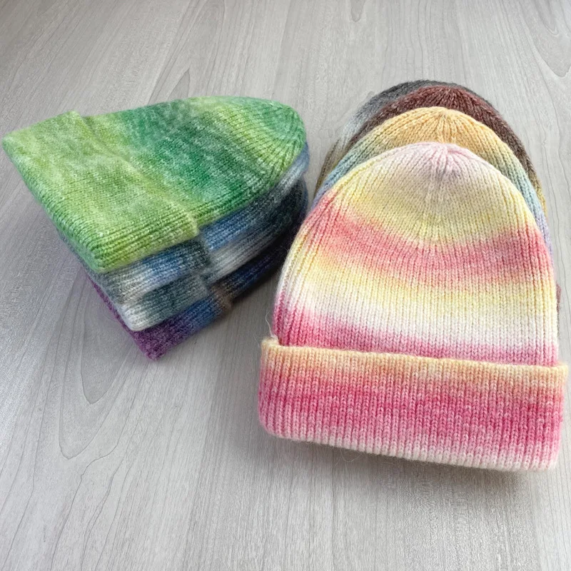 New Knitted Hat Gradient Color Tie Dyed Knitted Hat Women\'s Trendy Woolen Hat Autumn and Winter Warm Couple Hat Hats for Men