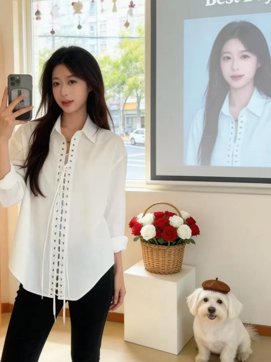 

plus Size Vintage Belted Long Sleeve Shirt Women Spring Loose Slimming Casual Turn-down Collar Top Korean Style Commute Wind