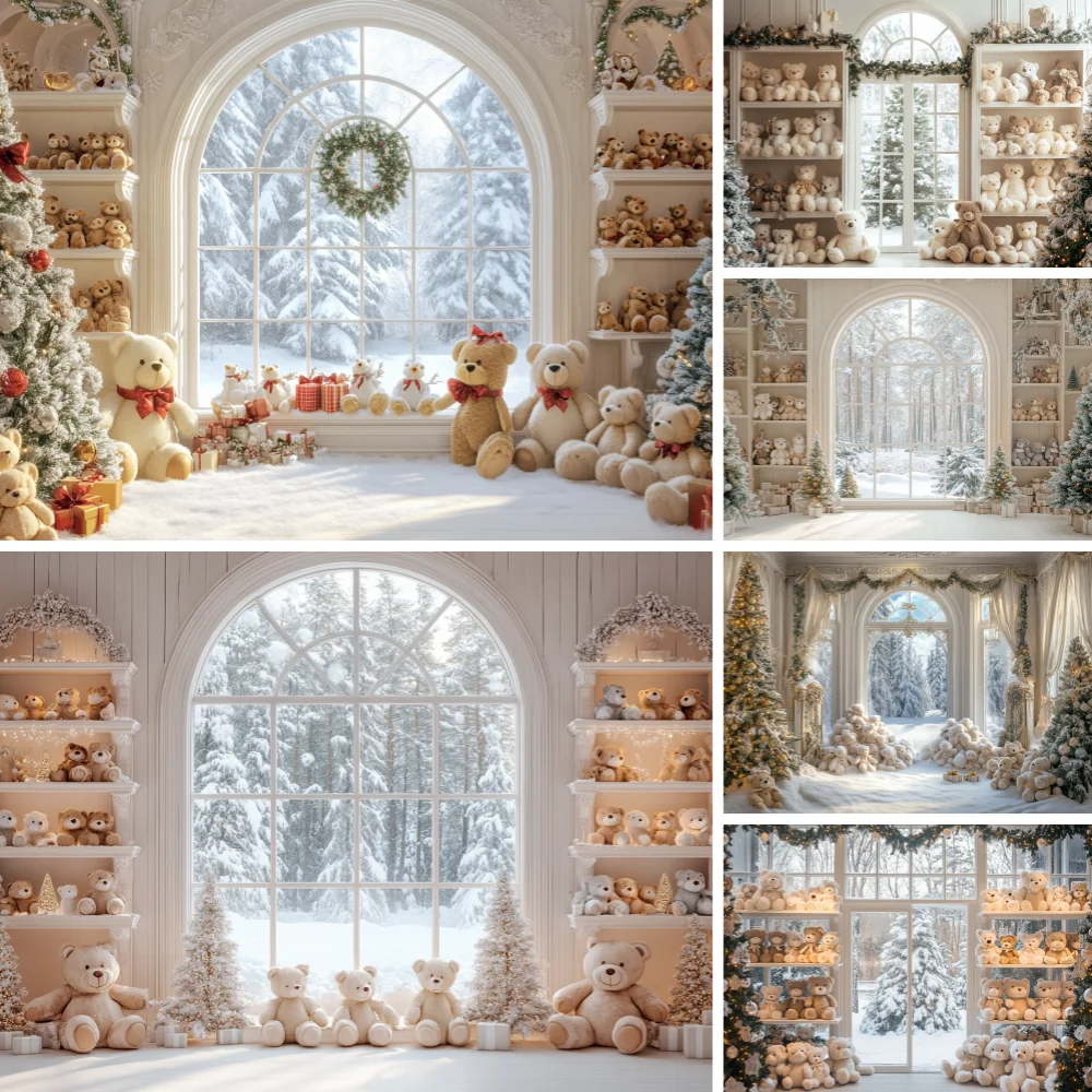 

Winter Cute Bears Theme Photography Background Indoor Warm Sunshine Window Snowflake Christmas Tree Decor Children Gift