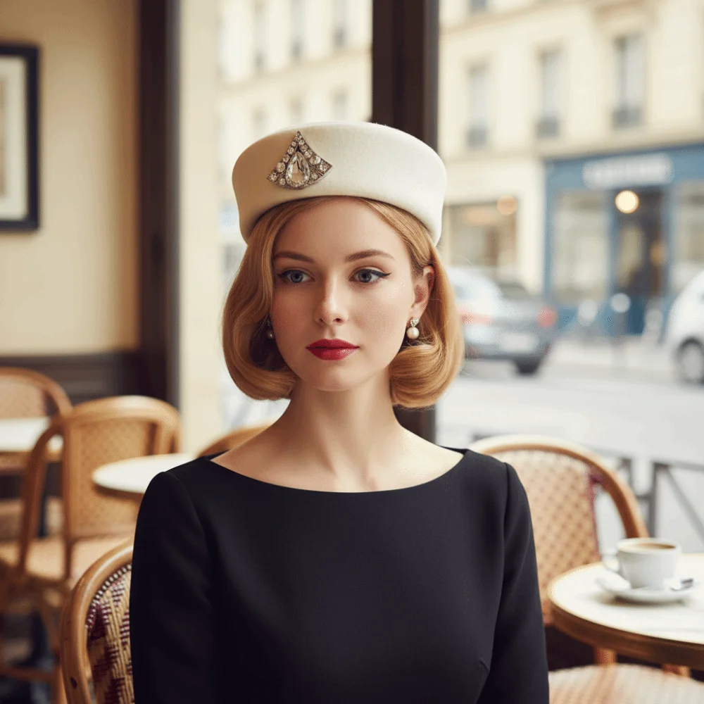 Wełniany cylinder w stylu vintage, kapelusz typu topper, jednolity kolor, kapelusz pillbox z dżetami, uroczy retro kapelusz stewardesy, kapelusz derby.