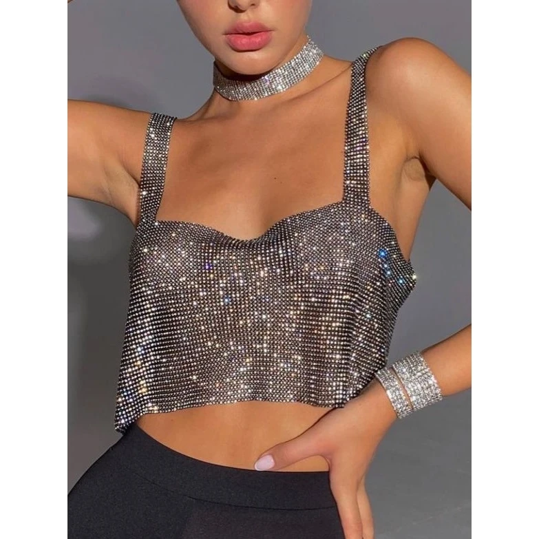 

Sexy Par Club Sweet And Spicy Metal Diamond Embellied Women's Cross-Border Vest Top Faion Trend Summer Pure Color