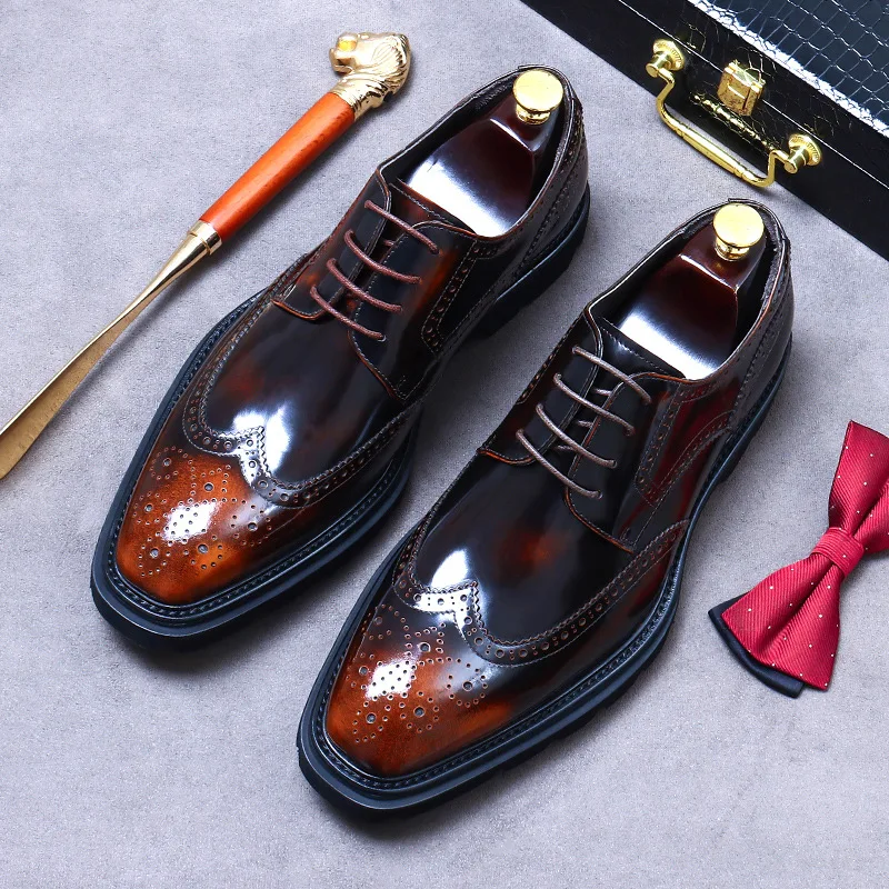 Size 38 To 46 Classic Italian Genuine Leather Men's Dress Shoes Black Lace-up Wingtip Oxfords Business Wedding Brogue Suit Shoes