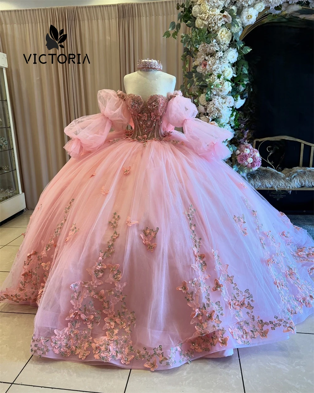 

Appealing Pink Princess Quinceanera Dresses Ball Gown Three Quarter Puff Sleeves Beaded Butterfly Applique Ruffle Sweet 16 Dress