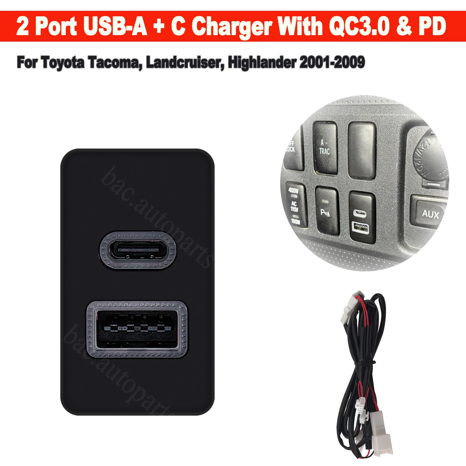 36W Dual USB-C & USB-A USB Power Car Charger Socket PD+QC3.0 for Toyota Tacoma/Hilux/4Runner/Land Cruiser/FJ/Tundra/Highlander ﻿