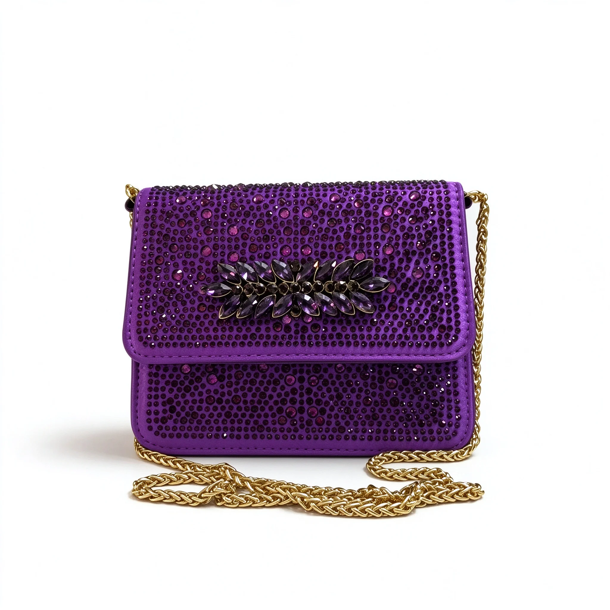 Purple Rhinestone Shiny Evening Clutch Bag for Women Crystal Floral Flap Crossbody Handbag Wedding Party Prom Chain Strap Purse