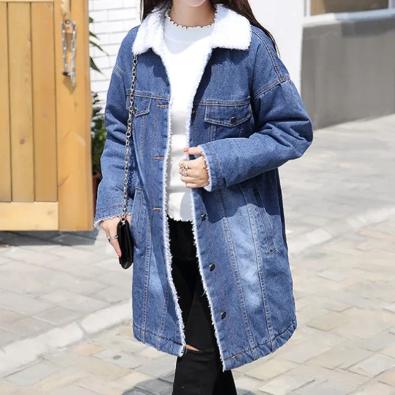 Women Denim Coat Mid Length Coats Lamb Wool Turn Down Collar Maxi Y2k Full Sleeve Casual Loose Jackets Thick Warm Autumn Winter