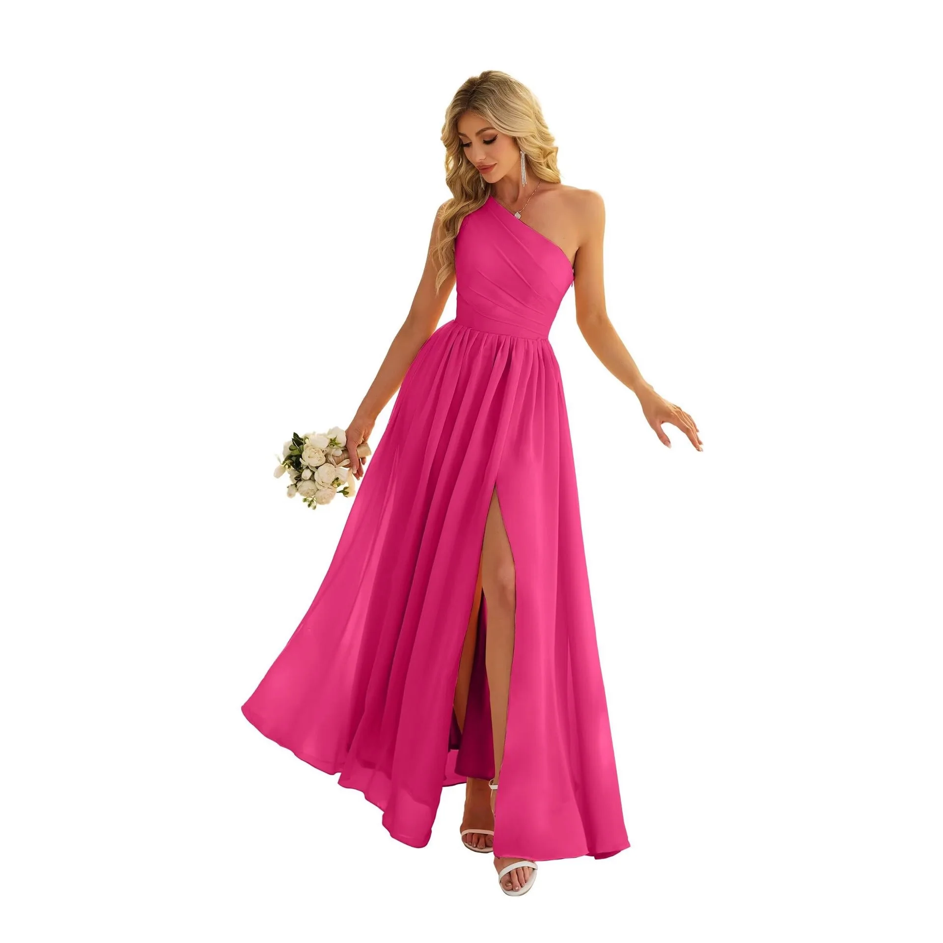 

One Shoulder Chiffon Bridesmaid Dress Women Ruched Waist High Split Floor Length Maxi Gown Wedding Prom Evening Dresses