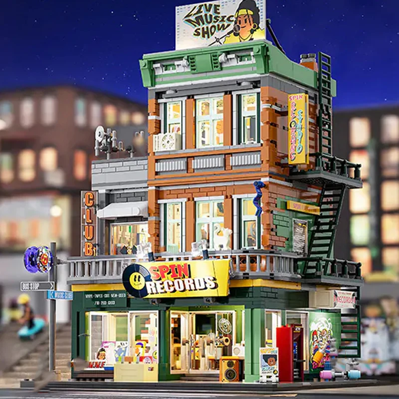 American Street Record Store House Buildings Sets,City Apartment Lighting figures Stop 1980 PCS Model Modular Buildings Blocks