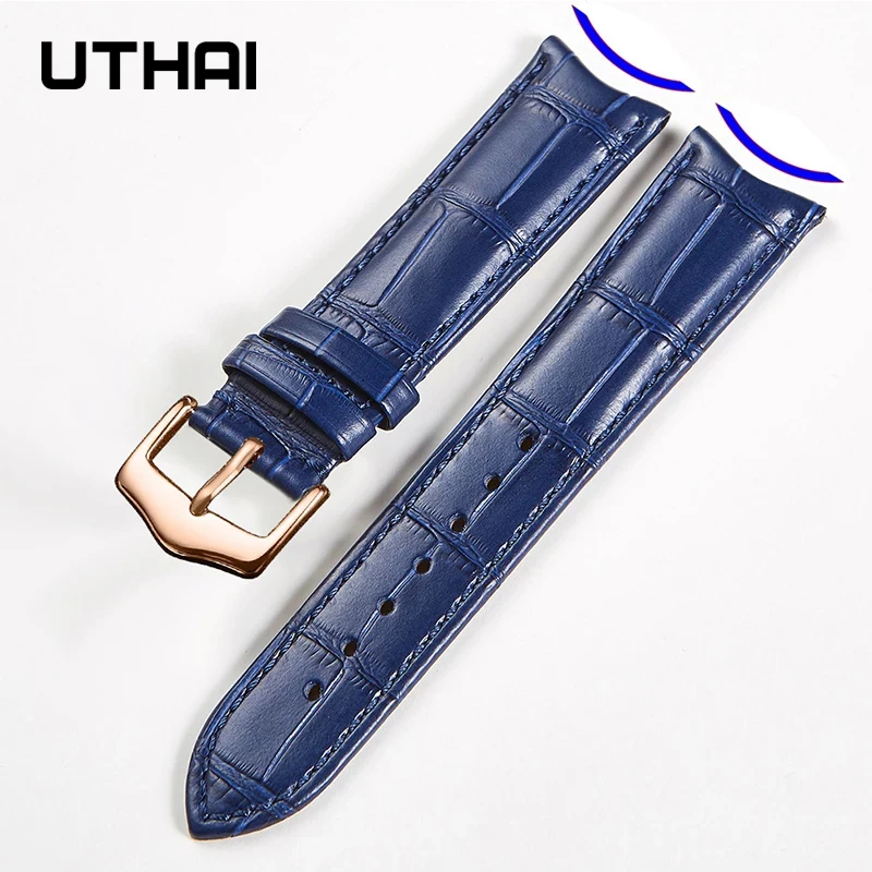 UTHAI F09  Leather Watchband Curved Interface Bamboo Pattern Buckle Business 19mm 20mm 21mm 22mm 24mm Retro Watch Strap