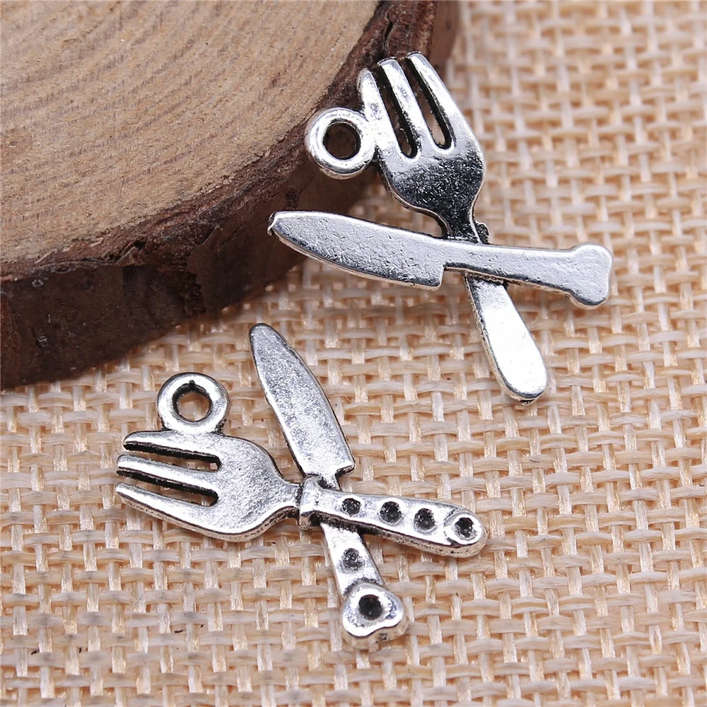 

Wholesale 150pcs/bag 20x14mm Tableware Knife And Fork Charms Antique Silver Color Charms Jewelry Findings For Jewelry Making