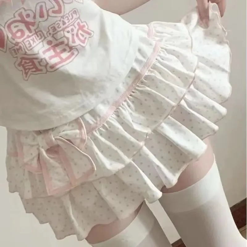 Harajuku Y2k Lolita Minirock Damen Ballkleid mit Schleife Japanischer Stil Kawaii Plissierter Rock Süße Gepunktete Rüschen Mehrschichtiger Rock