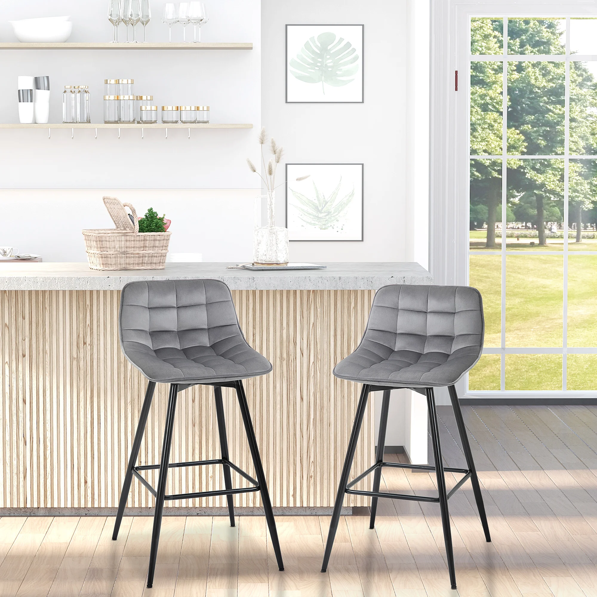 HOMCOM Set of 2 High Stools Kitchen Backrest Loading 120 kg Gray