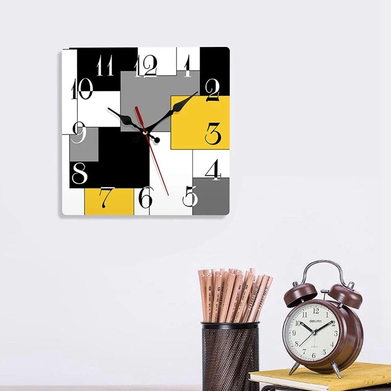 1 PCS Wall Clock Silent Non-Ticking Abstract Geometric Minimalist Checkered Square Rustic Wall Clocks Decor (12 Inch)