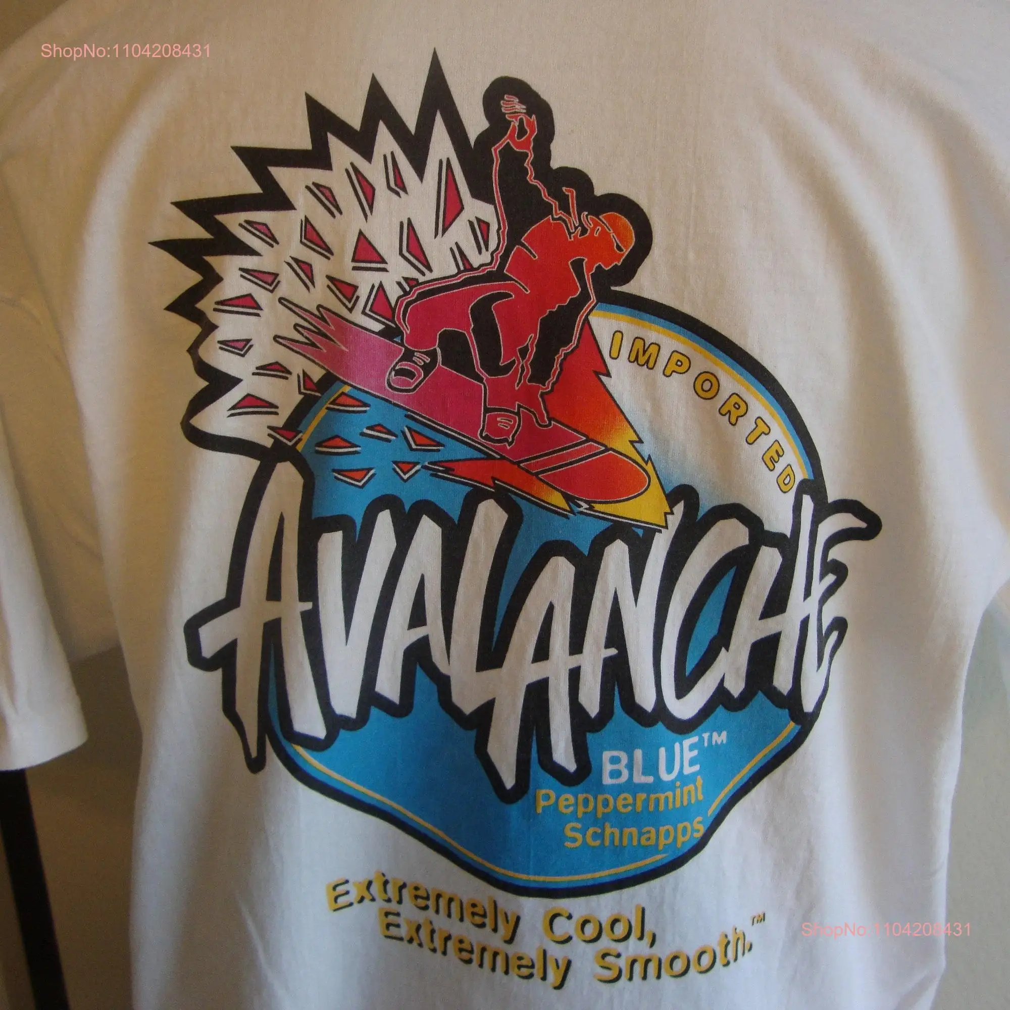 Vintage 90's Join The Avalanche Blue Extreme Team Peppermint Schnapps White T Shirt Size XL long or short sleeves