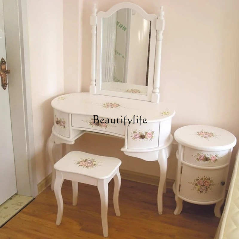 

British country style Korean princess hand-painted dresser makeup table with mirror solid wood