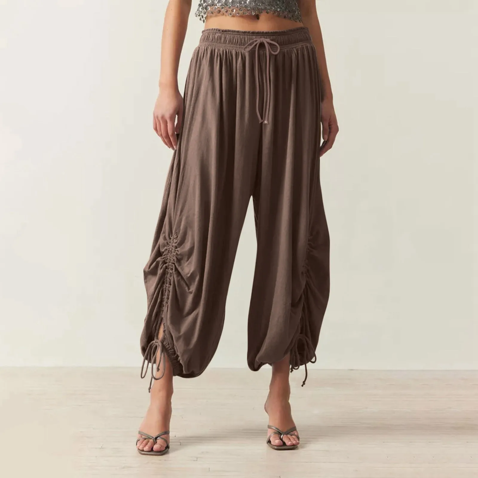 

Baggy Pants Elastic Waist Large Drawstring Pocket Women's Summer Breeches Middle Waist Casual Solid Color Wide Leg Cropped Pants