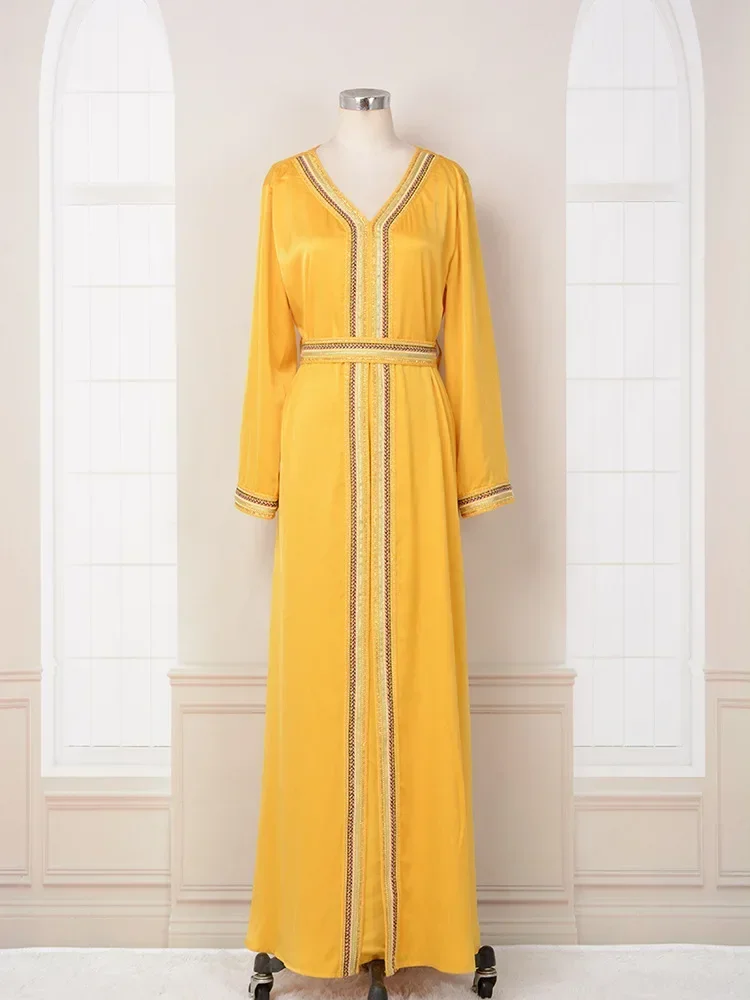 Robe musulmane à manches longues pour femmes, caftan marocain, cardigan islamique, abaya de Dubaï, robe de soirée fendue, jaune, arabe