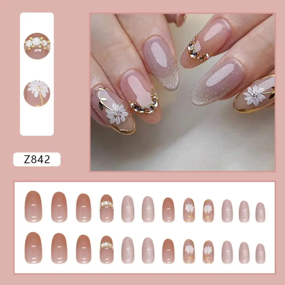 Oval False Nails Manicure Gradient French Fake Nials Pink Heart Cat Eye Daisy Detachable Nail Tips DIY