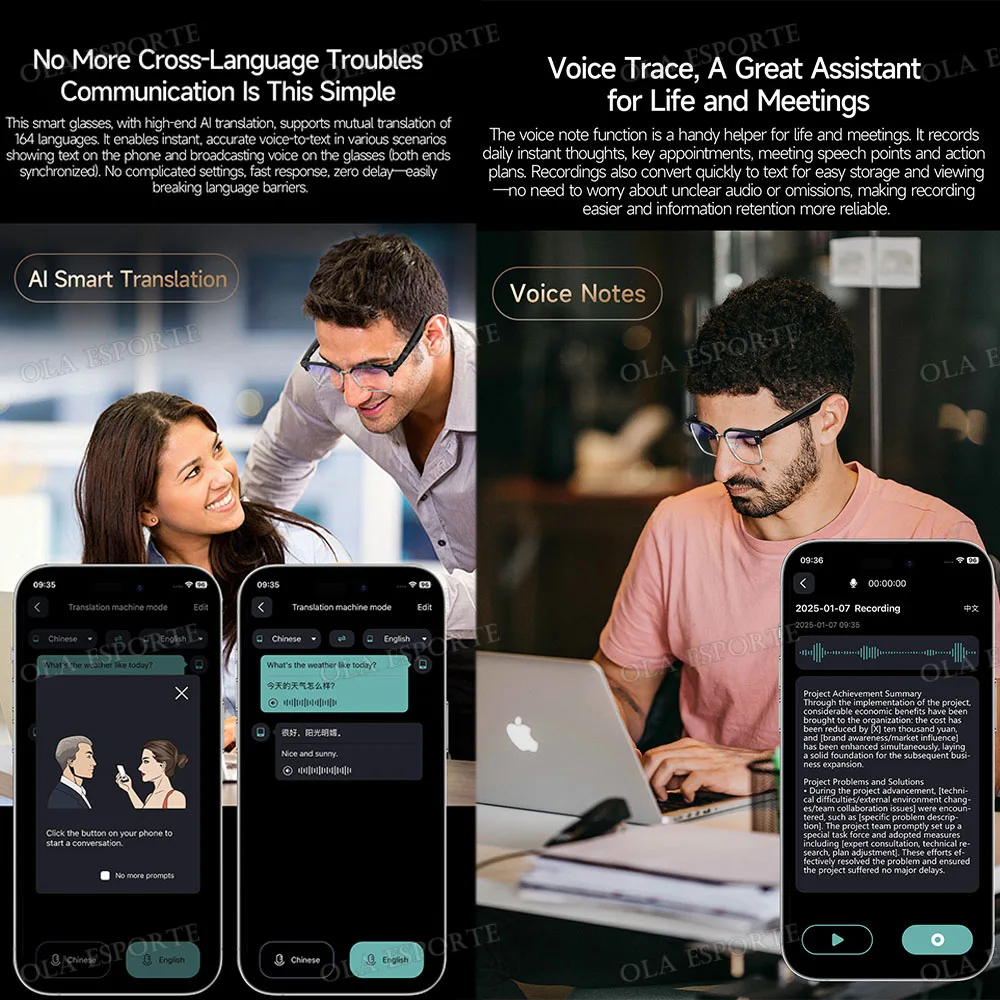 نظارات الترجمة الذكية AI بلوتوث مكالمة الموسيقى عن بعد 164 فيديو عبر الإنترنت مترجم اللغة ملاحظة صوتية UV400 النظارات الشمسية 2025