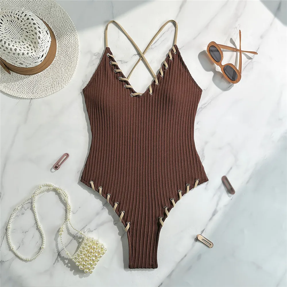 Black Ribbed String Weave Sexy Swimsuit Women One Piece Swimwear 2025 Plunging Bodysuit Back Lace-up Bathing Suit Swimming Wear