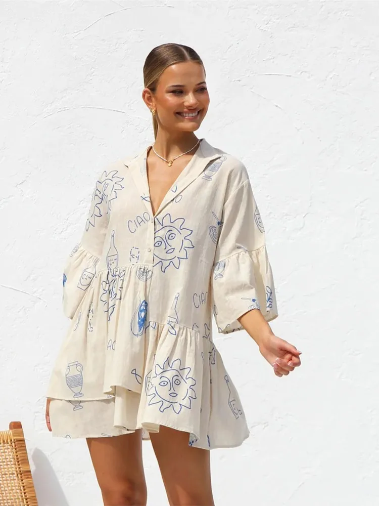 Bohemian Midi Dress New Comfortable and Simple Flared Sleeve Ethnic Style Casual Loose Shirt Short Dress Elegant Mini Dressess