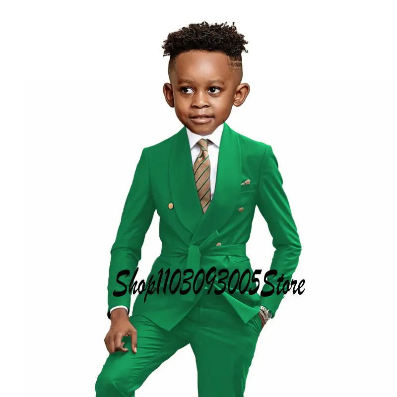 Black Suit For Boys Wedding Tuxedo 2 Piece Double Breasted Blazer Pants Belt Suit Shawl Lapel Formal Jacket 3-16 years old