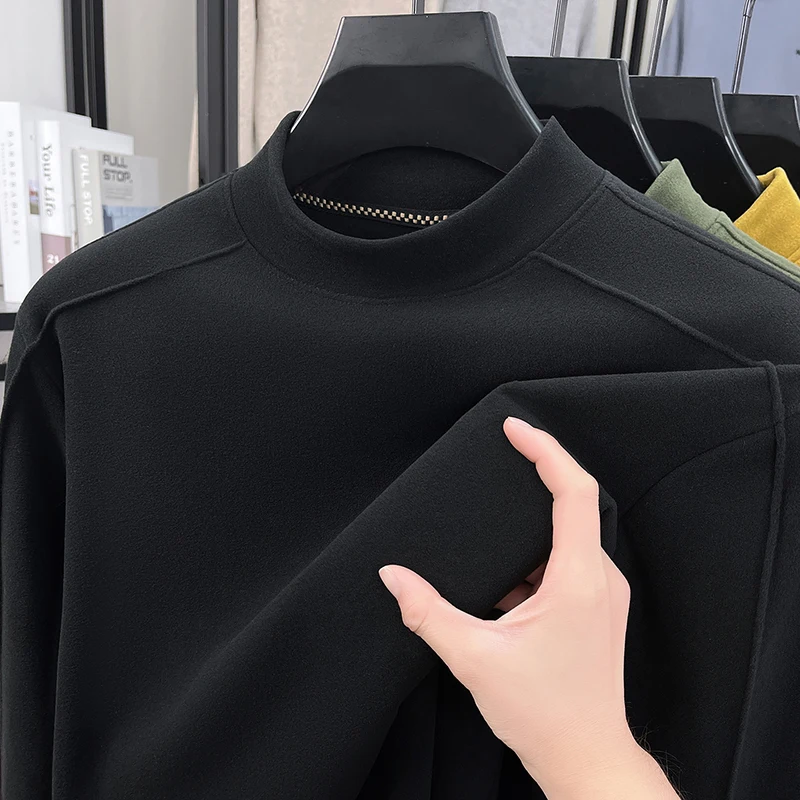 

Double Sided German Velvet Base Shirt for Men 2025 New Autumn and Winter Warm Half High Neck Long Sleeved T-shirt with Inner Top