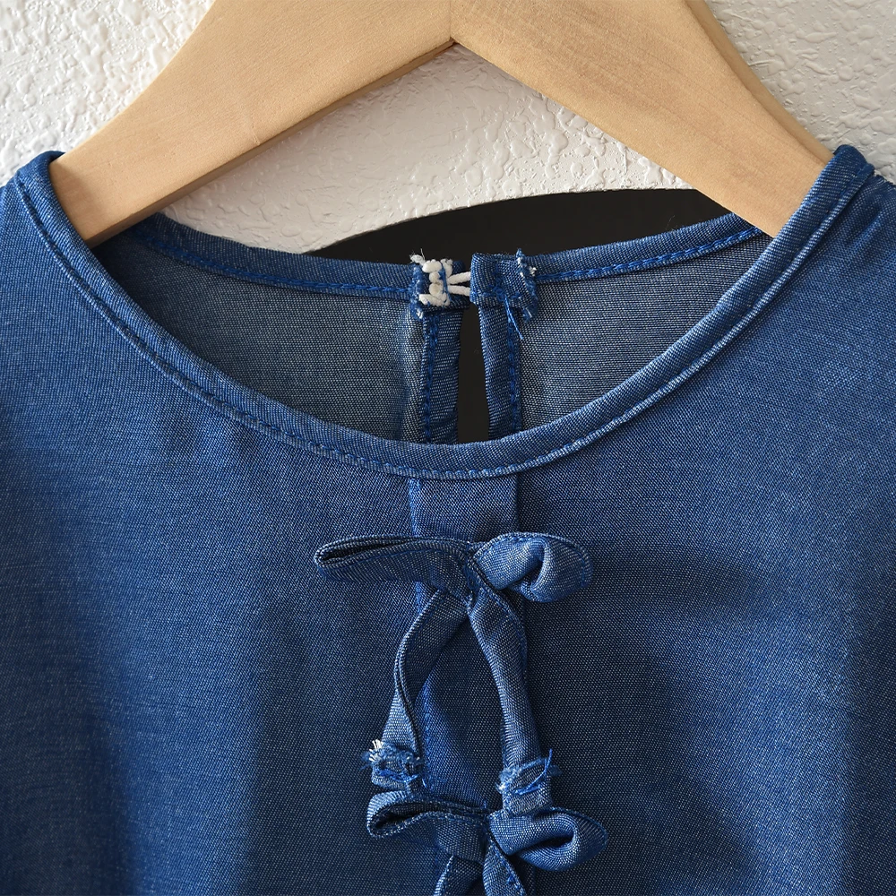 قميص أزرق للفتيات بعمر 3-7 سنوات برقبة دائرية وأكمام طويلة قميص أساسي للأطفال النسخة الكورية العصرية والمتعددة الاستخدامات