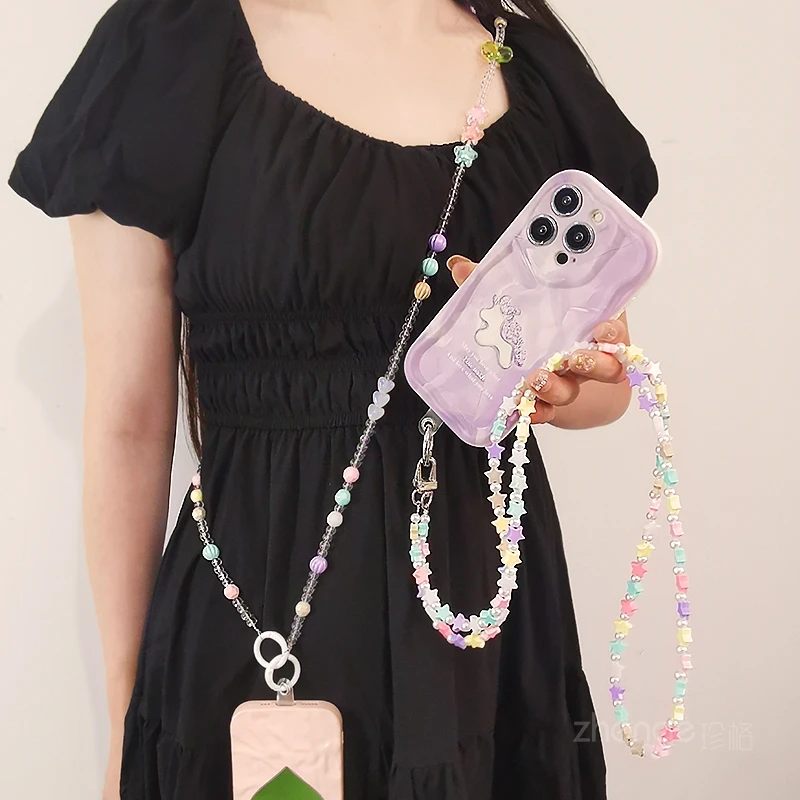 Crossbody Crystal Jelly Bean Beaded Chain Mobile Phone Chain Chain Women's Small Fresh Colorful Beads Hanging Neck Back