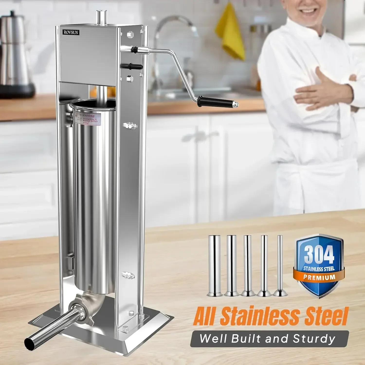 15LBS/7L Manual Sausage Stuffer, Two Speed Stainless Steel Vertical Sausage Maker, Meat Filling Machine with 5 Stuffing Tubes fo