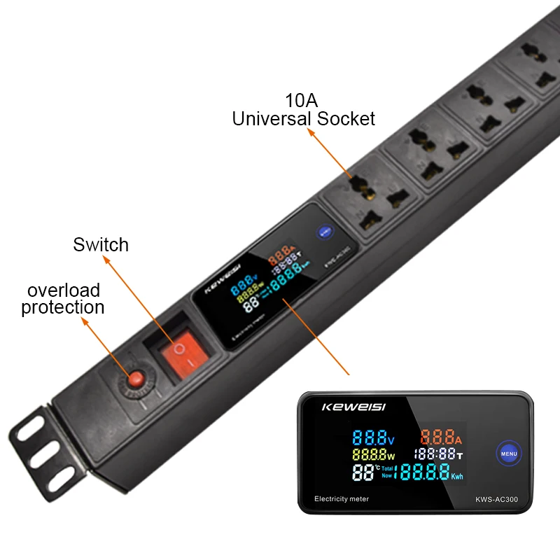 19 Inch Cabinet Mount Power Strip with  Digital V/A/W Power Meter Switch 4/6AC Universal Outlets Overload Protection