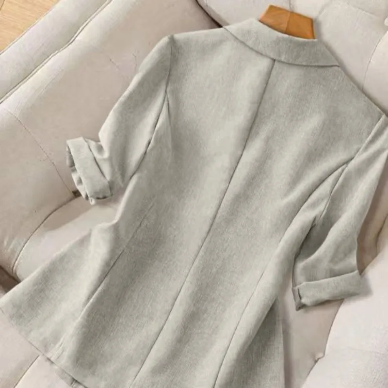 Women Spring Summer Linen Blazer Roll‑Up Sleeve Notched Lapel Single Button Casual Office Suit Jacket