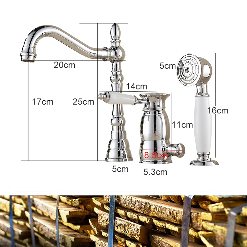 ELLEN 3 Holes Bathtub Faucet with Hand Shower Bathroom Bath Shower Set Deck Mount Hot Cold Water Mixer ELB115