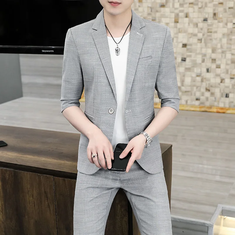 

Летний повседневный мужской костюм-тройка: приталенный пиджак с длинным рукавом, модные брюки в корейском стиле, молодежный комплект из полиэстера.