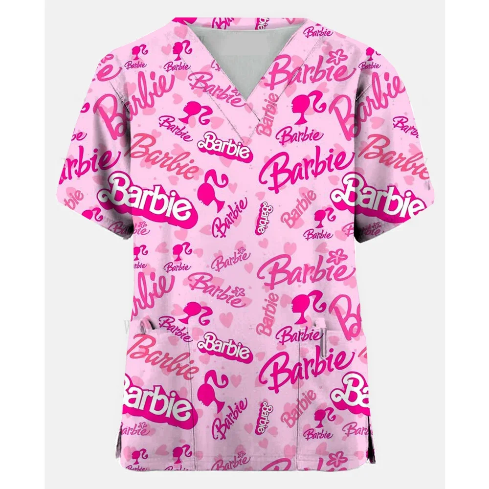 Cartoon Barbie print pattern nurse uniform V-neck pocket pink kawaii women's cute T-shirt top vacation casual T-shirt y2k top